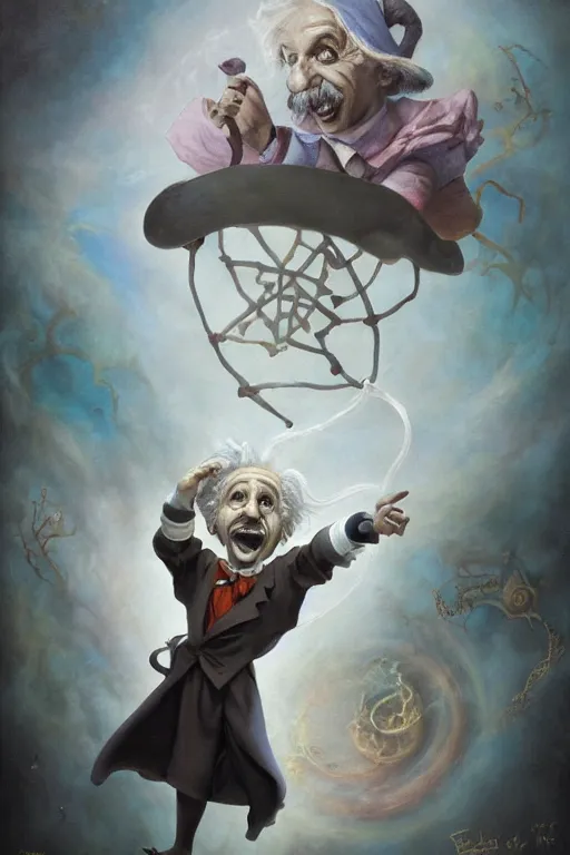 Image similar to spooky painting of albert einstein dressed as a disney genie, sky full of white equations, matte painting by brian froud, shaun tan, wlo and peter mohrbacher, highly detailed, intricate,, award winning artwork, trending on artstation, high quality printing, fine art