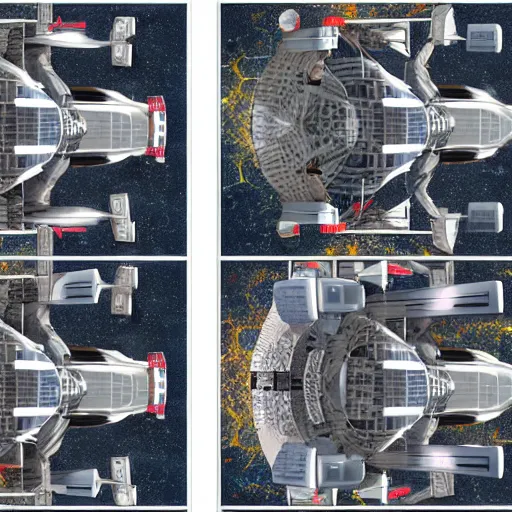 Prompt: top view, side view and front view of a science fiction space station, concept art, digital art