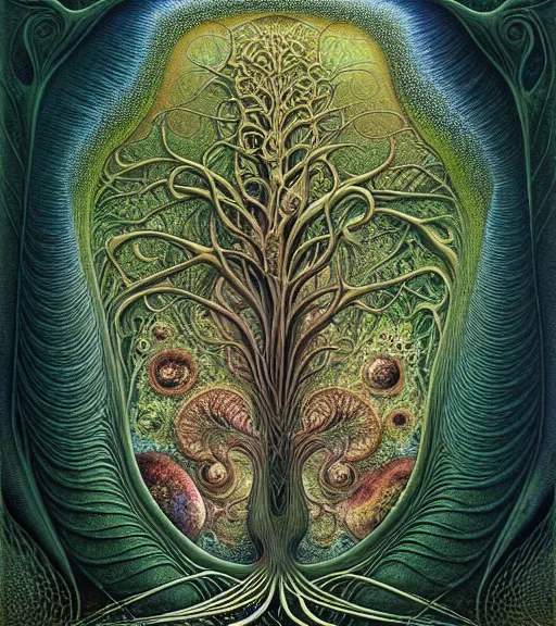 Image similar to tree of life by roger dean and andrew ferez, art forms of nature by ernst haeckel, divine chaos engine, symbolist, visionary, art nouveau, botanical fractal structures, organic, detailed, realistic, surreality