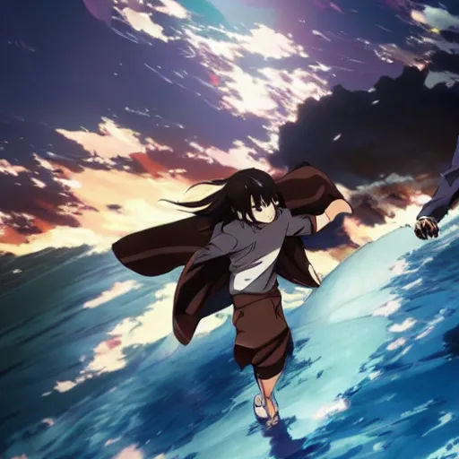 Image similar to epic anime battle brown haired boy summons a tsunami. makoto shinkai. kuvshinov ilya. shigenori soejima.