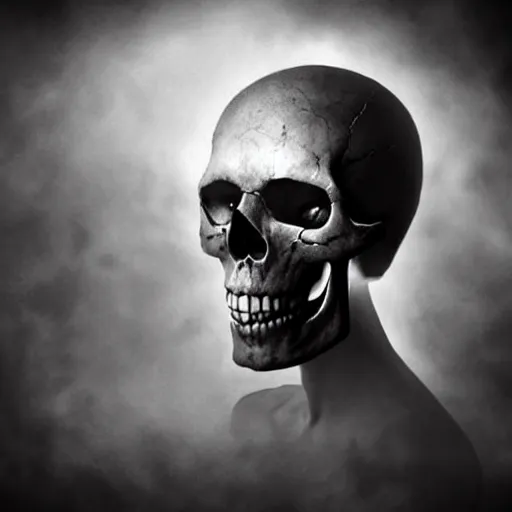 Image similar to a floating skull human, no body, heavenly dramatic lighting, perfection, ultra realistic, epic composition, ultra detailed, black and white, hyper symmetrical