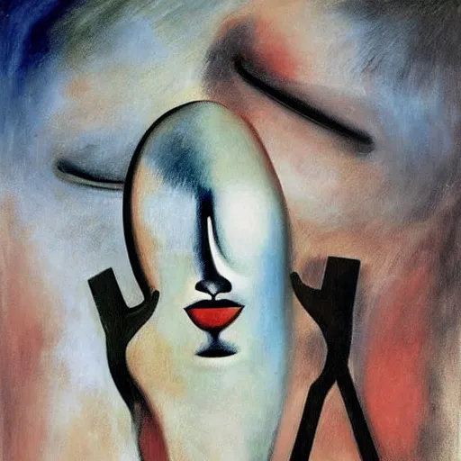 Image similar to Oil painting by Roberto Matta. Two mechanical gods kissing. Oil painting by Marlene Dumas. Dali.