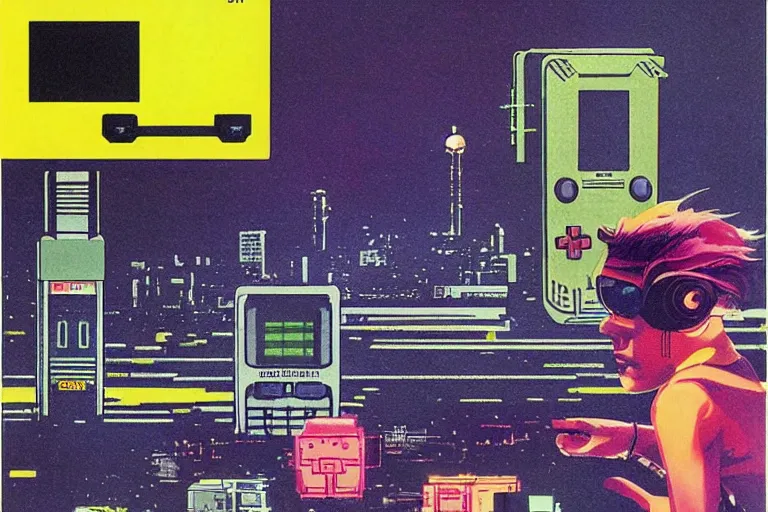 Image similar to a 1979 cover of OMNI magazine depicting a gameboy. Neo-Tokyo. Cyberpunk style art by Vincent Di Fate.