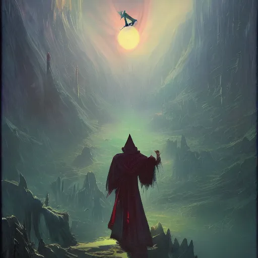 Image similar to Dracula traveling through a beautiful psychedelic world, illustrated by Greg Rutkowski and dr seuss, masterpiece, vivid colors, trending on artstation