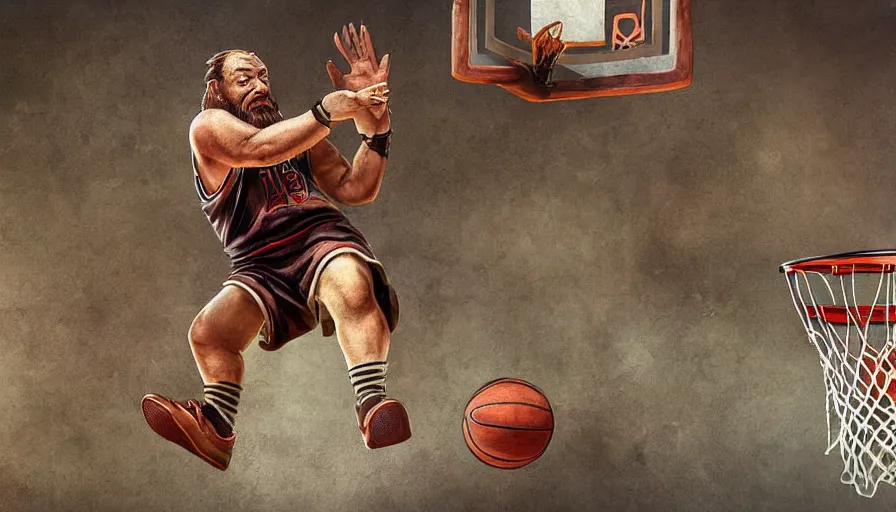 Image similar to a dwarf is dunking a basketball, digital art, highly detailed, realistic, bright colors, 8 k