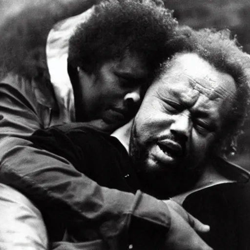 Prompt: charles mingus embracing a glistening goblin, endearing photograph, high quality