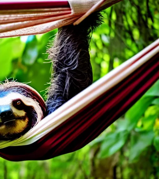 Image similar to a photograph of a sloth resting in a hammock in his garden, nature photography, sharp focus, long focal length