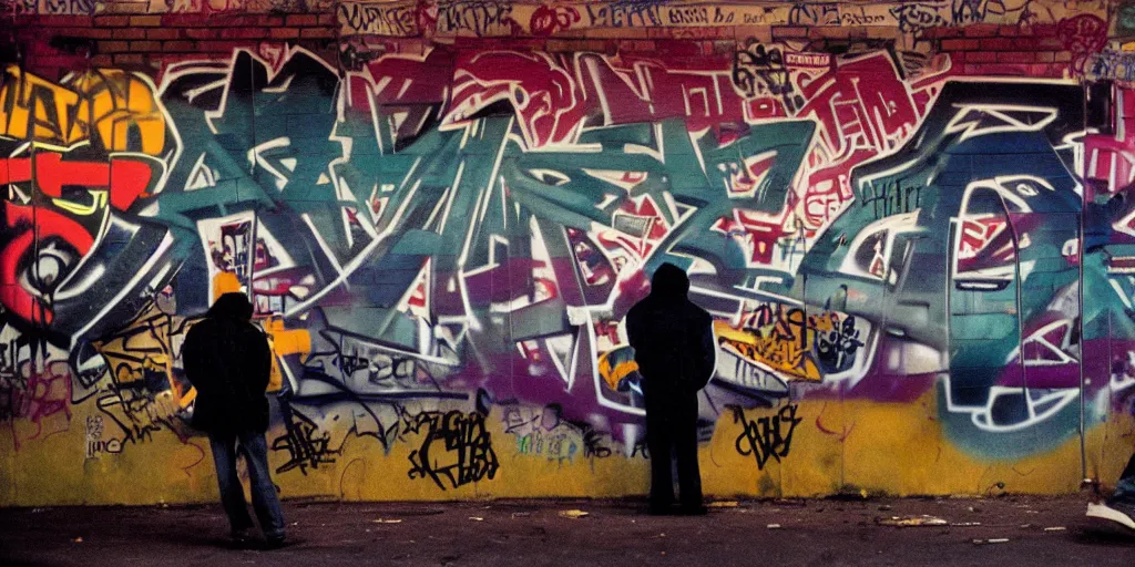 Prompt: bronx, night, city lights, graffiti on the wall, man in the carhartt jacket, coloured film photography, 3 5 mm film, bruce davidson photography, willy spiller photography