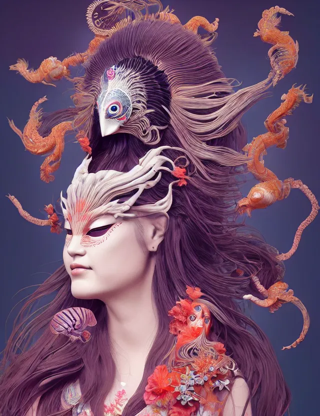 Image similar to 3 d goddess half - turn portrait with long hair with ram skull. beautiful intricately detailed japanese crow kitsune mask and clasical japanese kimono. betta fish, jellyfish phoenix, bio luminescent, plasma, ice, water, wind, creature, artwork by tooth wu and wlop and beeple and greg rutkowski