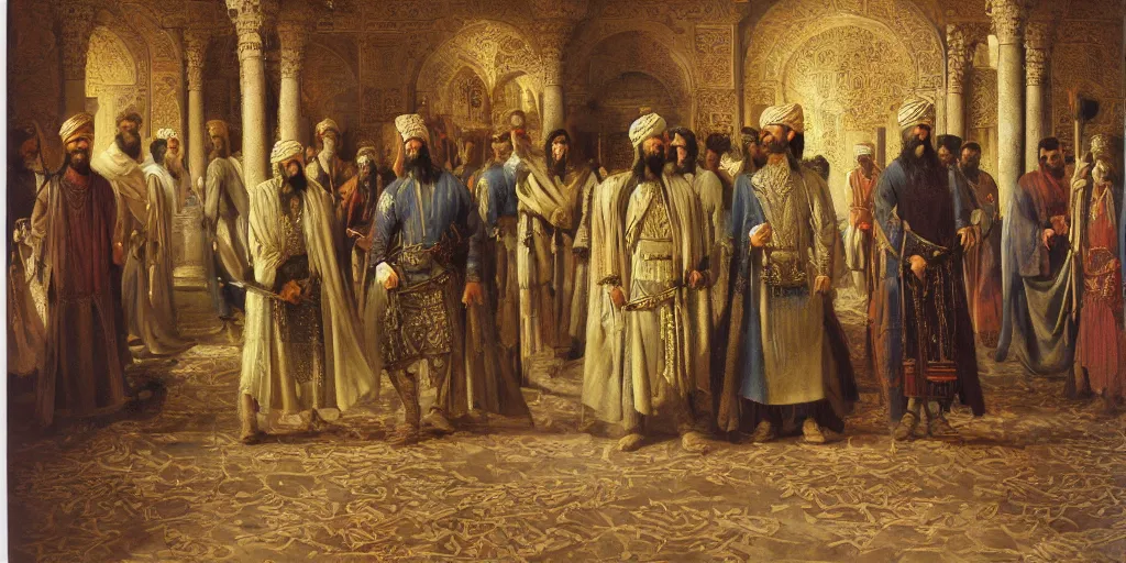 Image similar to Highly detailed and cinematic romantic period oil painting of the Persian king Cyrus the great, strong atmosphere, oil painting masterpiece by Josep Tapiró Baró, symmetry, fractals