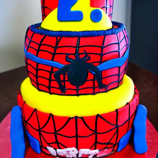 Image similar to a funny picture of a spiderman themed birthday cake, goofy face, 8 k, 4 k, delicious