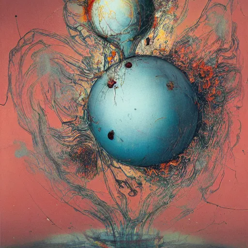 Image similar to a sphere being devoured by abstract splatters of paint in the style of francis bacon, venus being engulfed in flames in the style of james jean, surreal, beksinski, high detailed