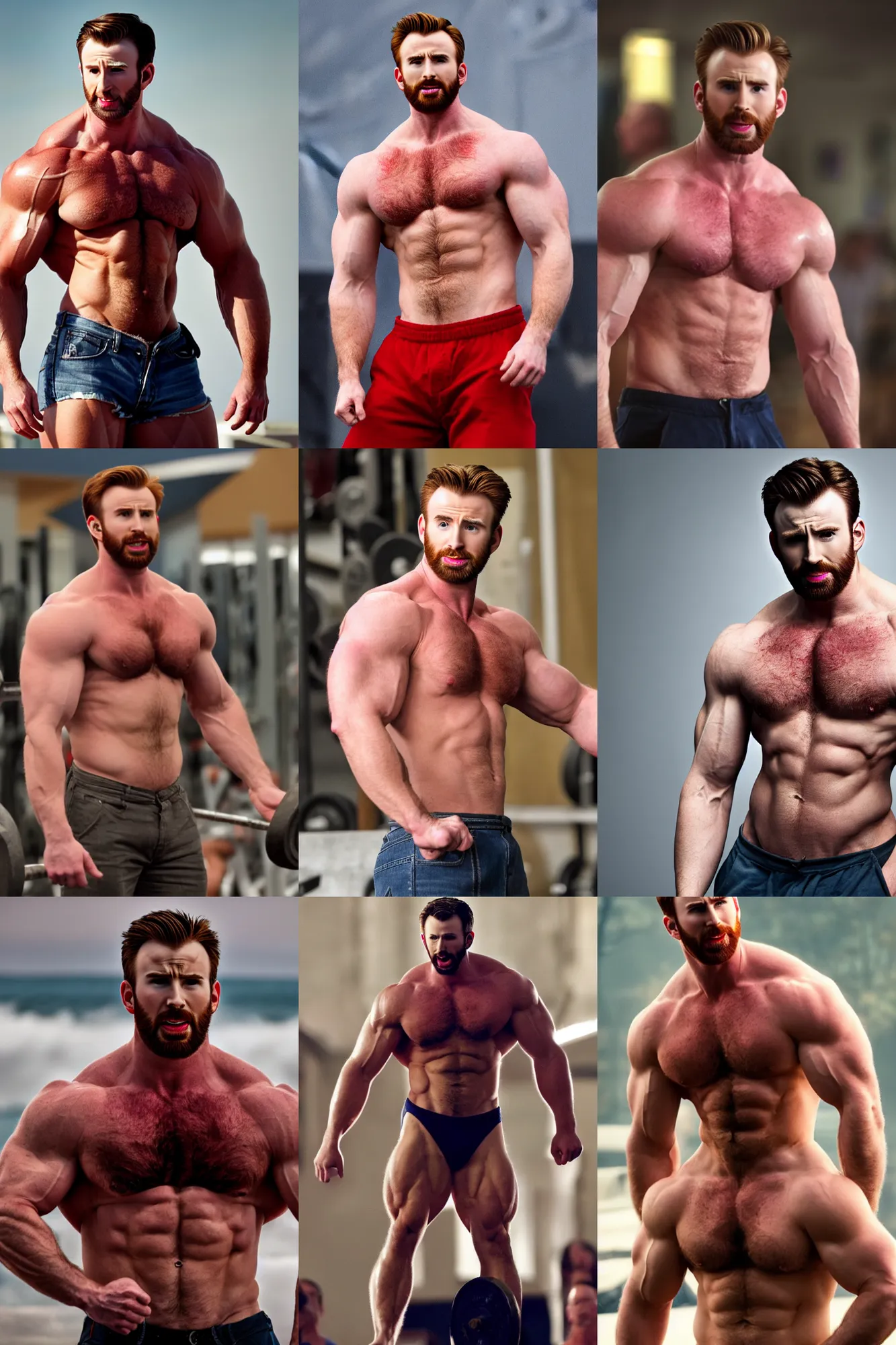Prompt: chris evans as a bodybuilder, masculine, muscular, handsome, powerful, hairy torso, 4 k hd