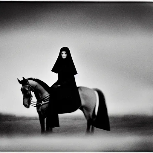 Image similar to An aristocrat young lady with a black cloak is riding a dark horse from distance, Kodak TRI-X 400, dark mood, melancholic,