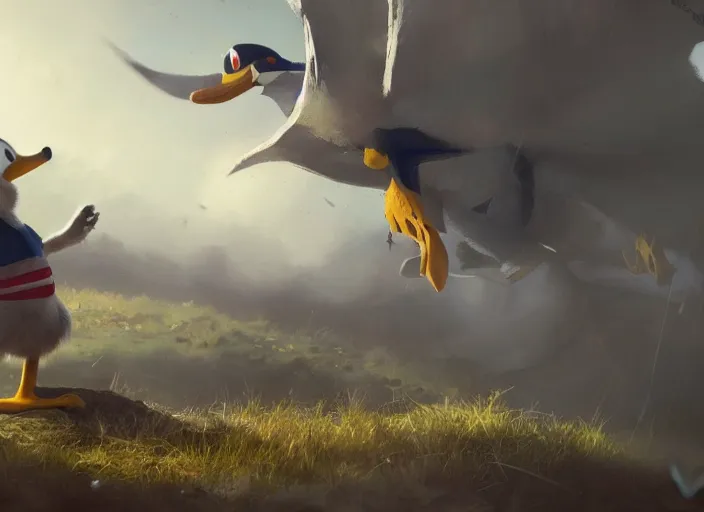 Prompt: close up cinematic artwork of Donald duck staring down the enemy on the battlefield by Greg Rutkowski, 4k, masterpiece