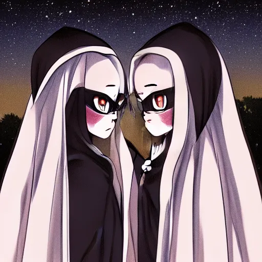 Image similar to two identical female nuns outside at night, viewed from above, clean detailed anime art