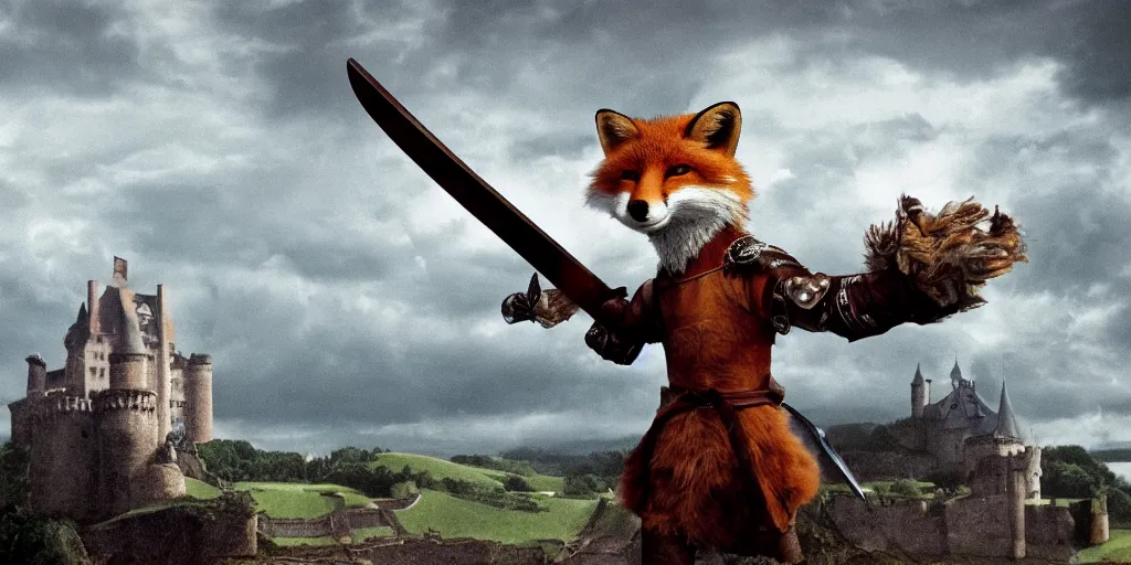 Image similar to anthropomorphic fox who is a medieval knight holding a sword towards a stormy thundercloud 1 9 3 0 s film still, castle in the background