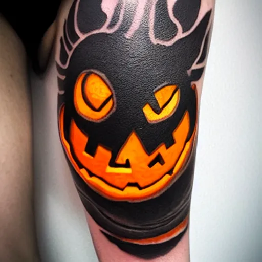 Image similar to cartoon tattoo of a halloween pumpkin with glowing eyes on arm with light shading in the background