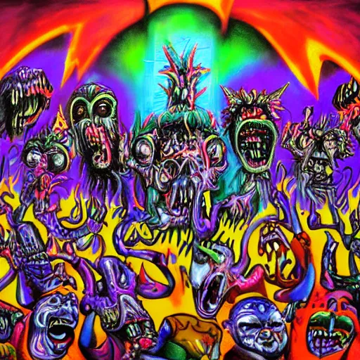 Prompt: mural of demons in rave party in hell by Chor Boogie