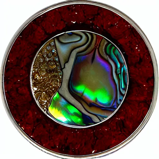 Prompt: block of abalone block of inlaid silver, block of ruby, sand, water reflecting pool coins photo