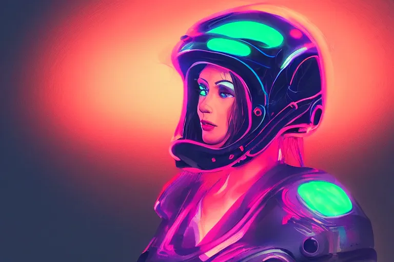 Prompt: a woman wearing a helmet which has neon on it very detailed with a great landscape, artstation unreal