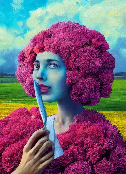 Image similar to portrait of a woman with a giant carnation as a face, flower field, surreal photography, sunset dramatic light, impressionist painting, colorful clouds, blue sky, digital painting, artstation, simon stalenhag