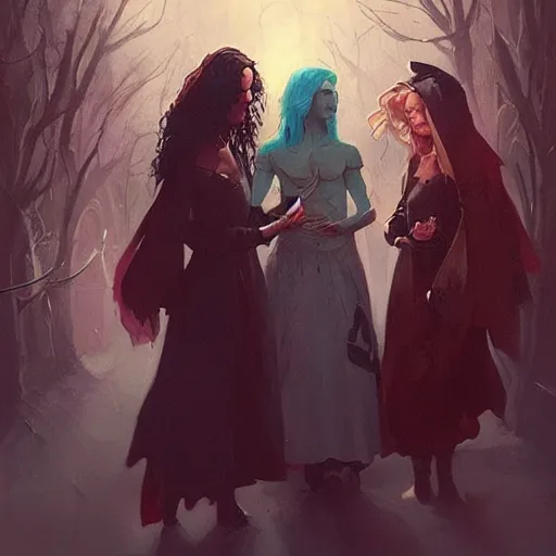 Image similar to a beautiful painting of witches reunion by greg rutkowski and zoe mozert trending on artstation