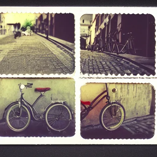 Image similar to artistic photos of a bike macro lenses. polaroid. city of genoa. old. scratched. vintage.