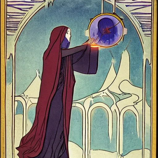 Image similar to a cloaked mage casting a magic spell from her hand toward an ice castle, art nouveau