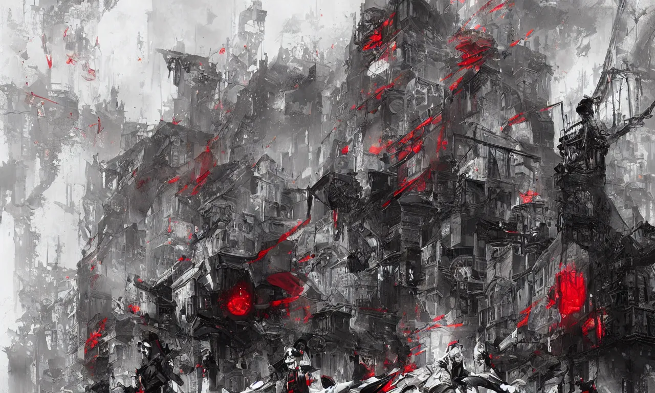 Prompt: highly detailed painting of whitechapel 1888, by Dustin Nguyen, Akihiko Yoshida, Greg Tocchini, Greg Rutkowski, Cliff Chiang, 4k resolution, nier:automata inspired, bravely default inspired, vibrant but dreary red, black and white color scheme!!!