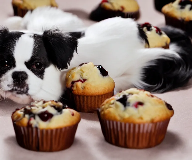 Prompt: white and black japanese chin dog eating cherry muffins