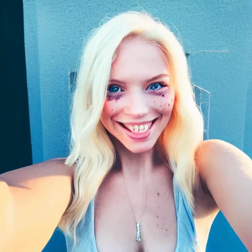 Image similar to beautiful selfie of a cute thin young woman smiling smugly, long light platinum blonde hair, flushed face, small heart - shaped face, cute freckles, light blue eyes, golden hour, 8 k, instagram