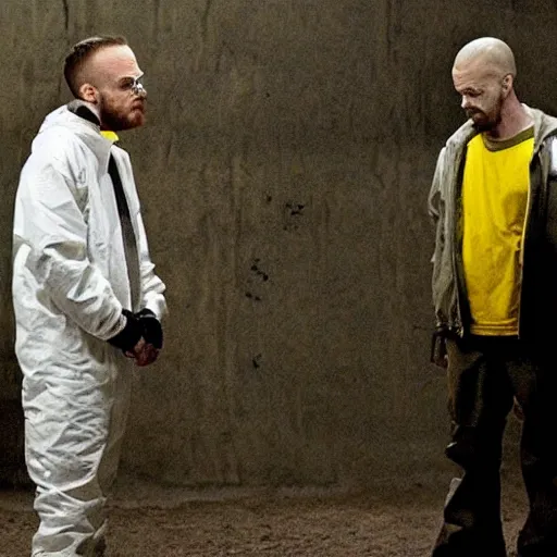 Image similar to walter white exploring the liminal spaces with jesse pinkman, scary style