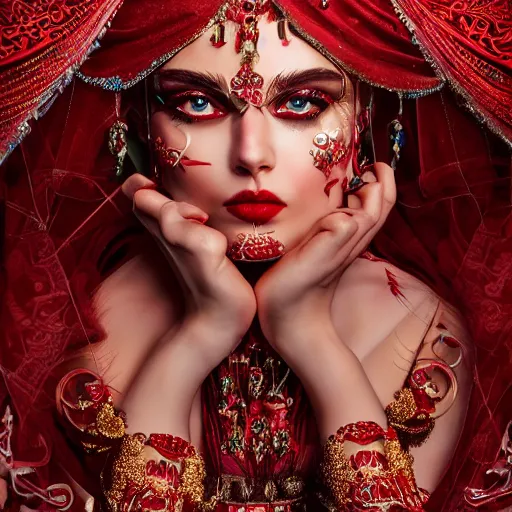 Image similar to wonderful princess with smooth fair skin, alluring eyes, red eyeshadow, red jewelry, breathtaking, elegant, intricate, ornate backdrop, hyper detailed, accent lighting, 4 k photography, octane render