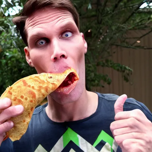 Image similar to Jerma eating a taco bell burrito like a snake, his jaw is unhinged and he has swallowed half of the burrito whole