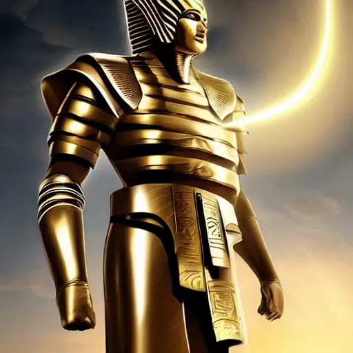 Prompt: a character in an egyptian themed futuristic metal suit, super hero, armor, sleek, beautiful face, cinematic pose, sci - fi art