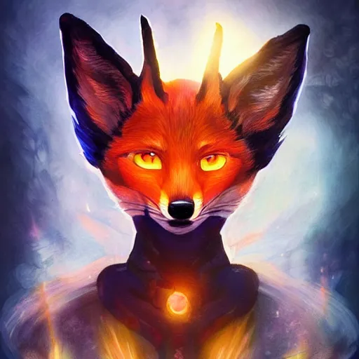 Image similar to a painted avatar portrait of an awesome powerful humanoid kitsune fox mage themed around life and death, in the style of dnd beyond avatar portraits, beautiful, artistic, elegant, lens flare, magical, lens flare, nature, realism, stylized