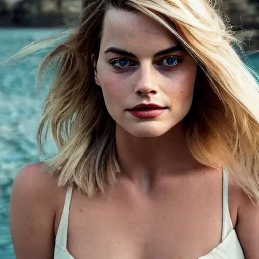 Image similar to a woman who is a genetic combination of margot robbie and emma watson face and upper - body focus