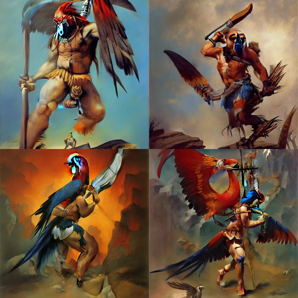 Prompt: Barbarian macaw holding a giant axe, stepping through a fantasy wall, frank frazetta painting, 8k