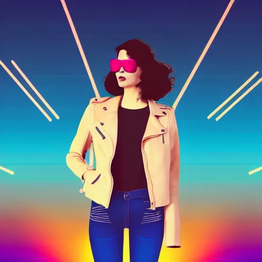 Prompt: a woman with light blue shutter shades in front of a sunset, a dark brown leather jacket, one side brown haircut with blue ends, vector art by jan tengnagel, pixabay contest winner, retrofuturism, retrowave, synthwave, outrun, portrait, synthwave