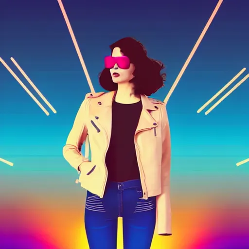 Image similar to a woman with light blue shutter shades in front of a sunset, a dark brown leather jacket, one side brown haircut with blue ends, vector art by jan tengnagel, pixabay contest winner, retrofuturism, retrowave, synthwave, outrun, portrait, synthwave