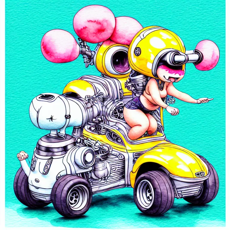 Image similar to cute and funny, pawg wearing a helmet riding in a tiny hot rod with an oversized engine, ratfink style by ed roth, centered award winning watercolor pen illustration, isometric illustration by chihiro iwasaki, edited by range murata, tiny details by artgerm and watercolor girl, symmetrically isometrically centered, sharply focused