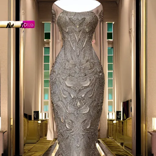 Image similar to a 3 d realistic of image of a luxury feminine dress flowing met gala, japonisme pop 3 d 8 k ultra detailed