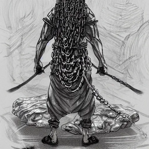 Image similar to A FULL BODY PORTRAIT FROM BEHIND OF TAKEZO FROM MANGA VAGABOND ,THE MAN KEEPS A KUSARIGAMA AND IT IS WRAPPED IN CHAINS ,detailed, concept art, ink style , sketch