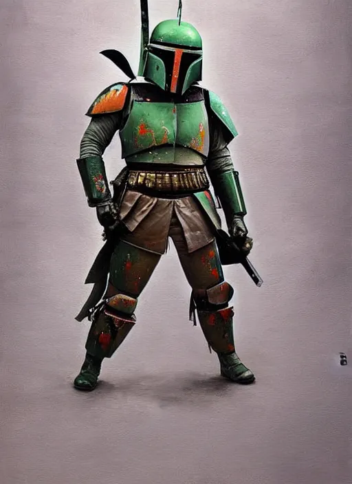 Prompt: a japanese samurai but it's boba fett, very detailed oil painting, dark and realistic, japanese art art