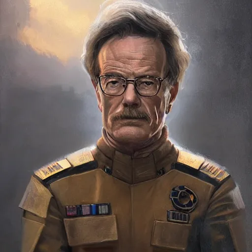 Image similar to portrait of a man by greg rutkowski, chancellor or the galactic alliance, he looks like brian cranston, star wars expanded universe, he is about 6 0 years old, wearing uniform of the galactic alliance, highly detailed portrait, digital painting, artstation, concept art, smooth, sharp foccus ilustration, artstation hq