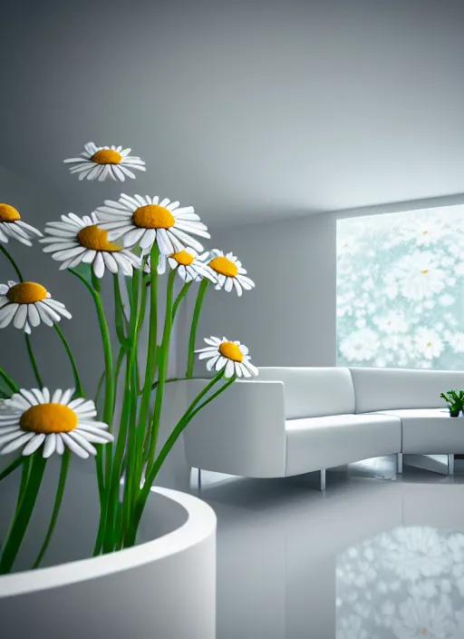 Image similar to bright white zen livingroom with walls made of smooth daisies by zaha hadid, up close shot, sharp focus, global illumination, radiant light, irakli nadar, octane highly render, 4 k, ultra hd,