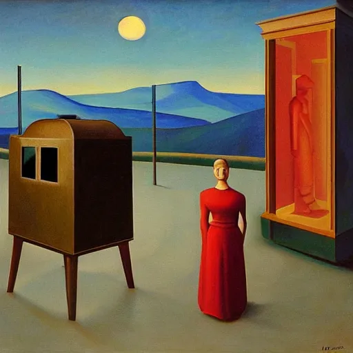 Prompt: a scientist invents a teleporter, grant wood, pj crook, edward hopper, oil on canvas