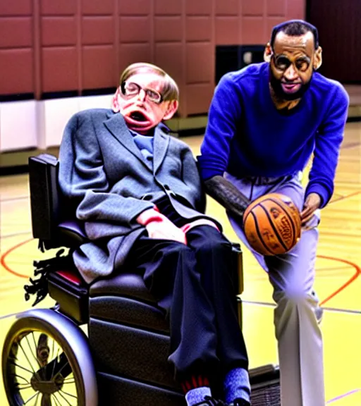 Prompt: stephen hawking playing basketball with lebron james
