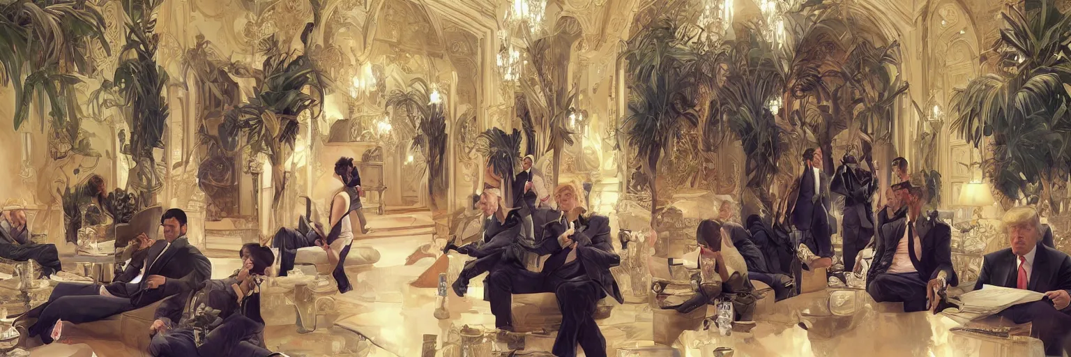 Prompt: dozens of FBI agents raid Donald Trump's Mar-a-Lago residence in Palm Beach, highly detailed, digital painting, artstation, concept art, smooth, sharp focus, illustration, art by artgerm and greg rutkowski and alphonse mucha